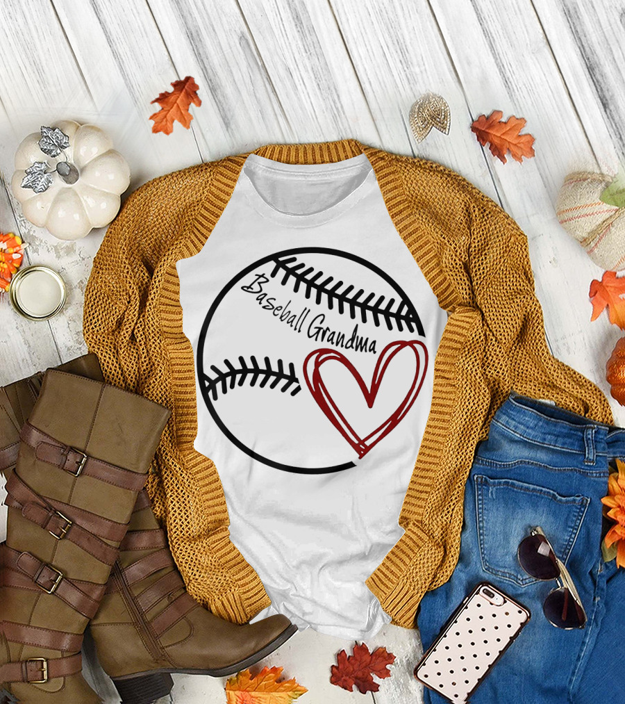 Baseball Grandma Heart on Baseball Stitching T-Shirt