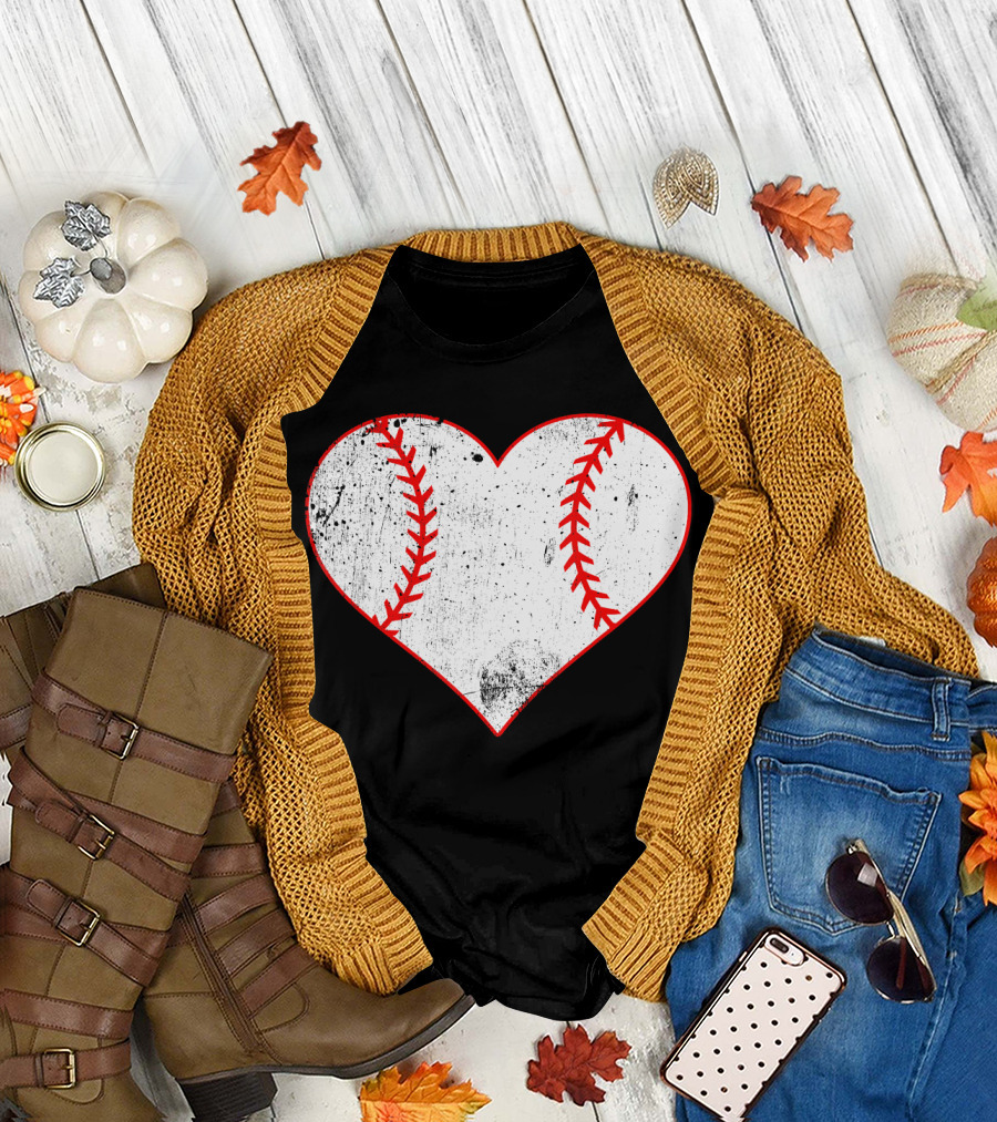 Baseball Distressed Heart Ball Red Stitching T-Shirt
