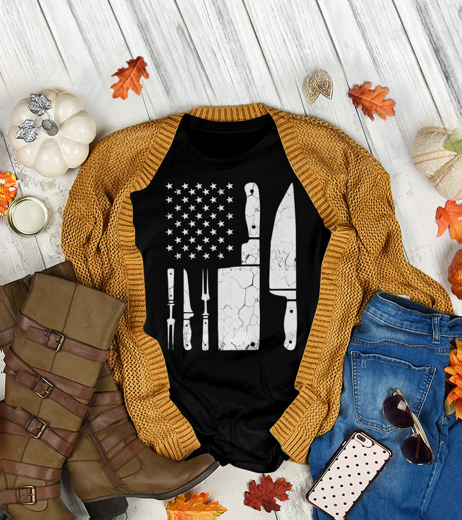 Chef Knife And Fork American Flag T-Shirt