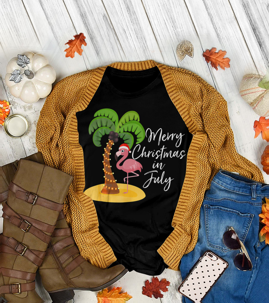 Merry Christmas in July Funny Flamingo with Palm Tree T-Shirt