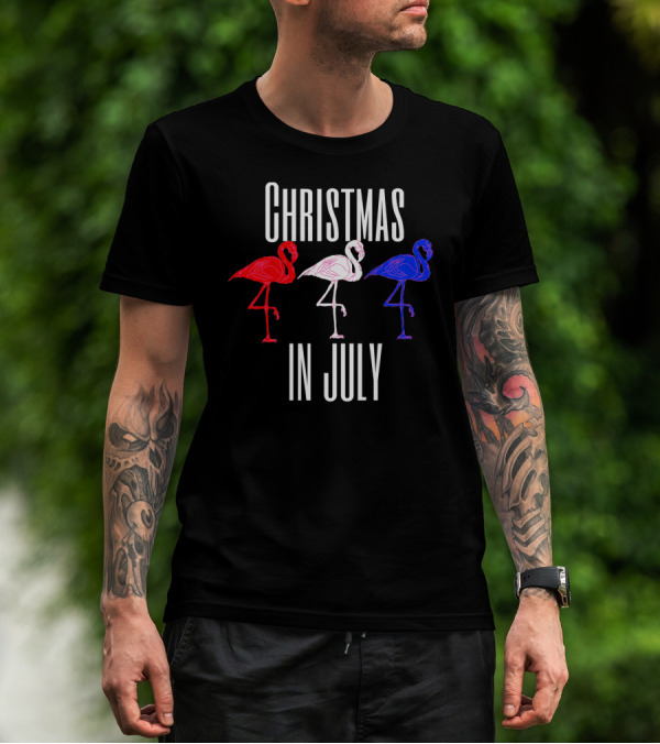Christmas In July Funny Flamingos 4th Of July T-Shirt