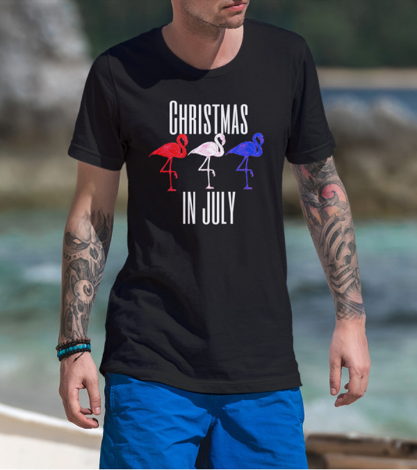 Christmas In July Funny Flamingos 4th Of July T-Shirt