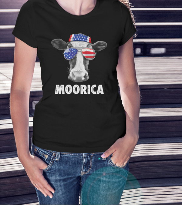 Moorica Cow 4th Of July American Flag Bandana And Sunglasses T-Shirt