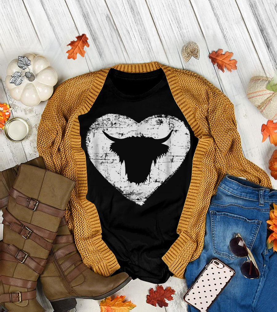 Shaggy Highland Cow Silhouette in Grunge Heart Motif T-Shirt