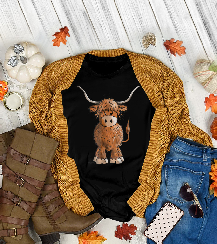 Adorable Hairy Scottish Highland Cow Drawing T-Shirt