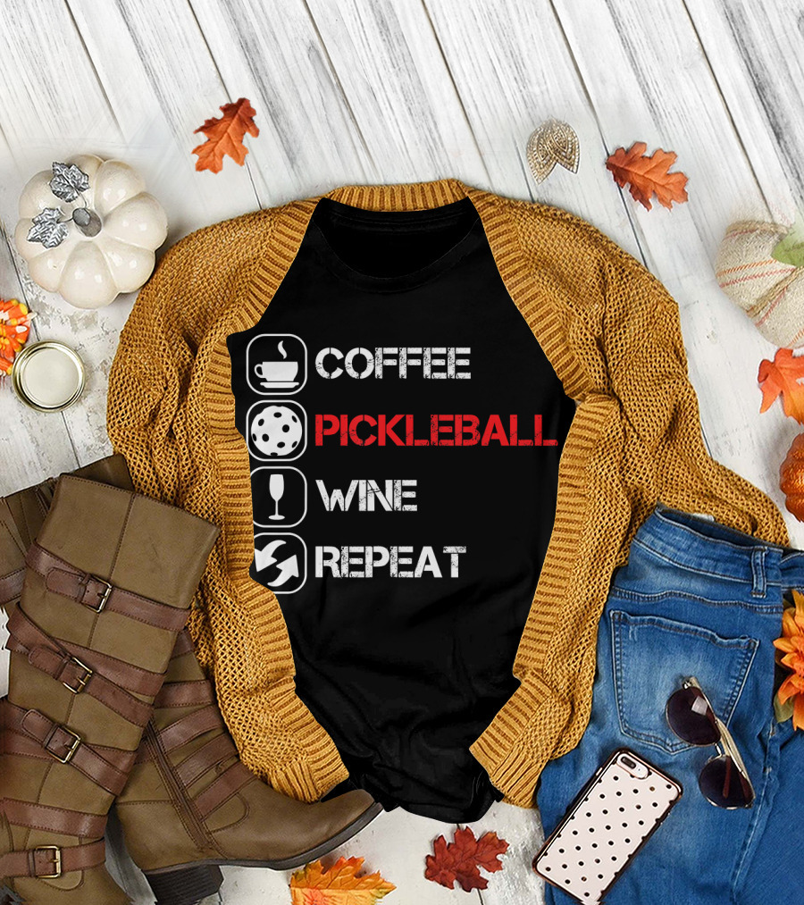 Coffee Pickleball Wine Repeat Distressed Text Icons T-Shirt