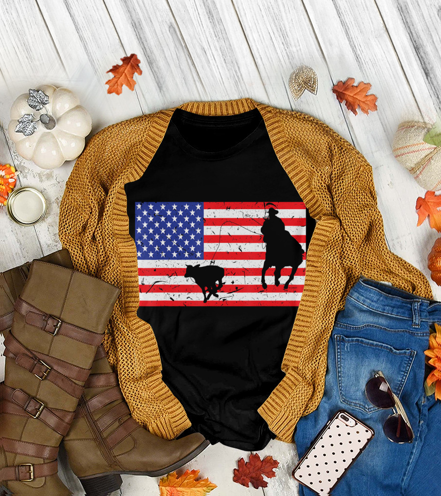 Distressed USA American Flag Roping Cowboy and Bull T-Shirt