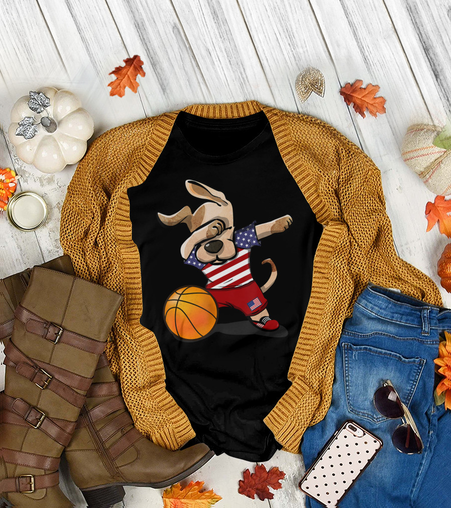 Dog Dabbing American Flag Basketball USA Sports T-Shirt