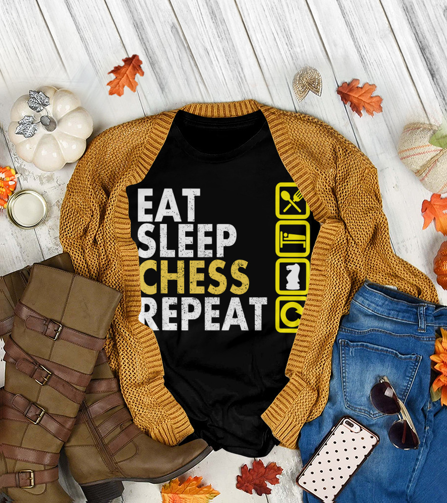 Eat Sleep Chess Repeat Board Game Icons with Spoon Fork Bed Knight Cycle T-Shirt