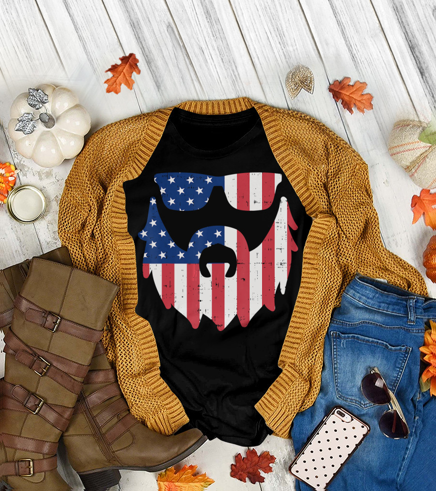 Merican Beard Funny USA 4th Of July Flag Sunglasses Stars Stripes T-Shirt