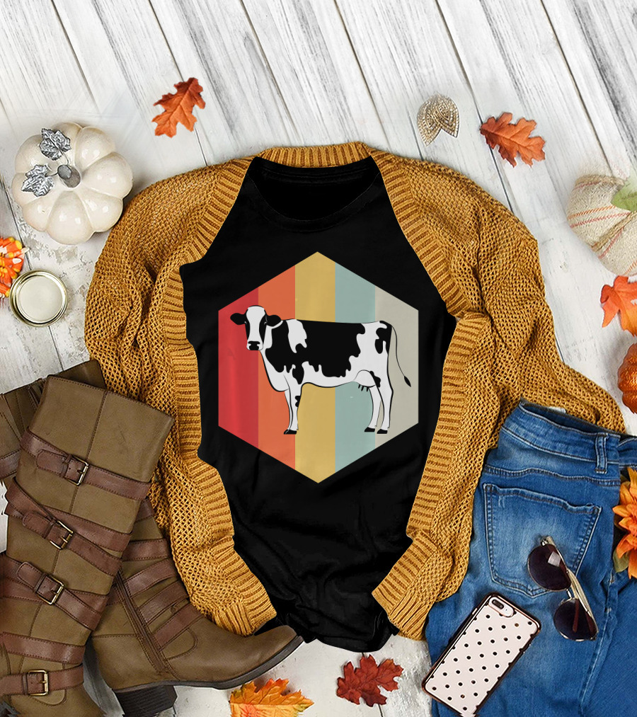 Retro Cow Hexagon Vintage Stripes T-Shirt