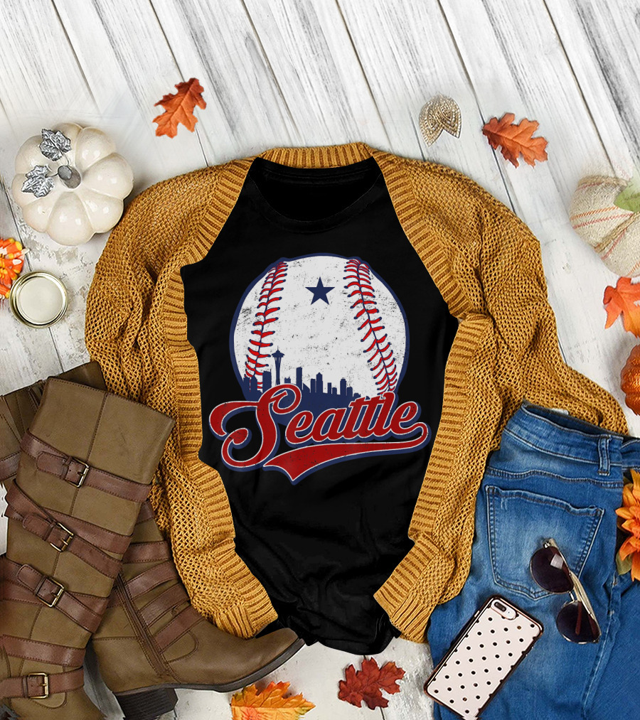 Seattle Baseball Skyline with Iconic Space Needle and Star T-Shirt