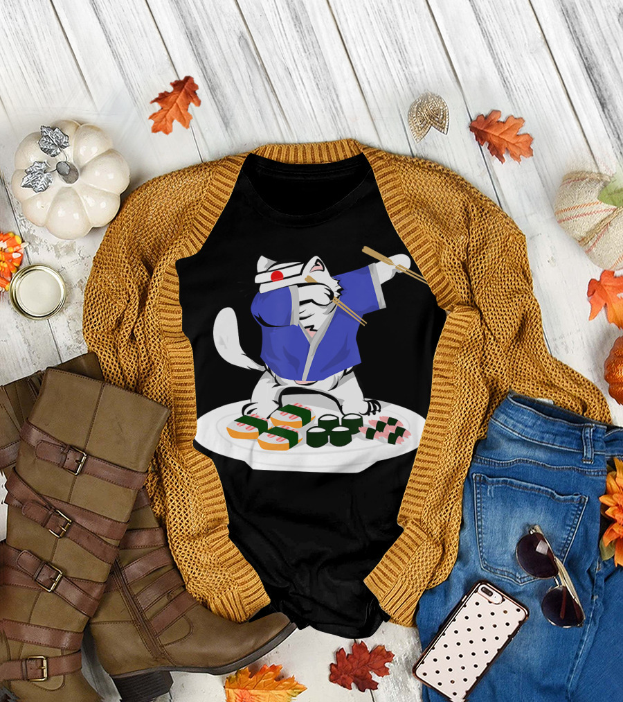 Sushi Chef Dabbing White Cat Chopsticks Plate Nigiri Makimono T-Shirt