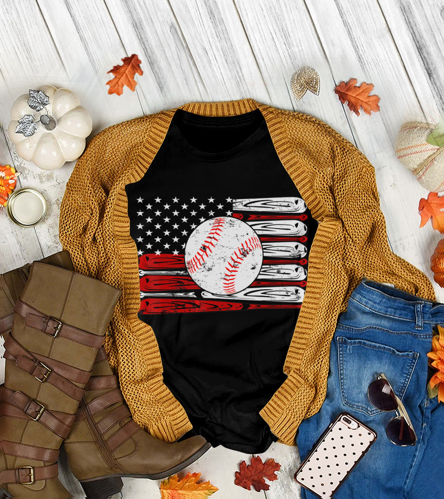 Vintage Baseball American Flag Bats and Ball T-Shirt