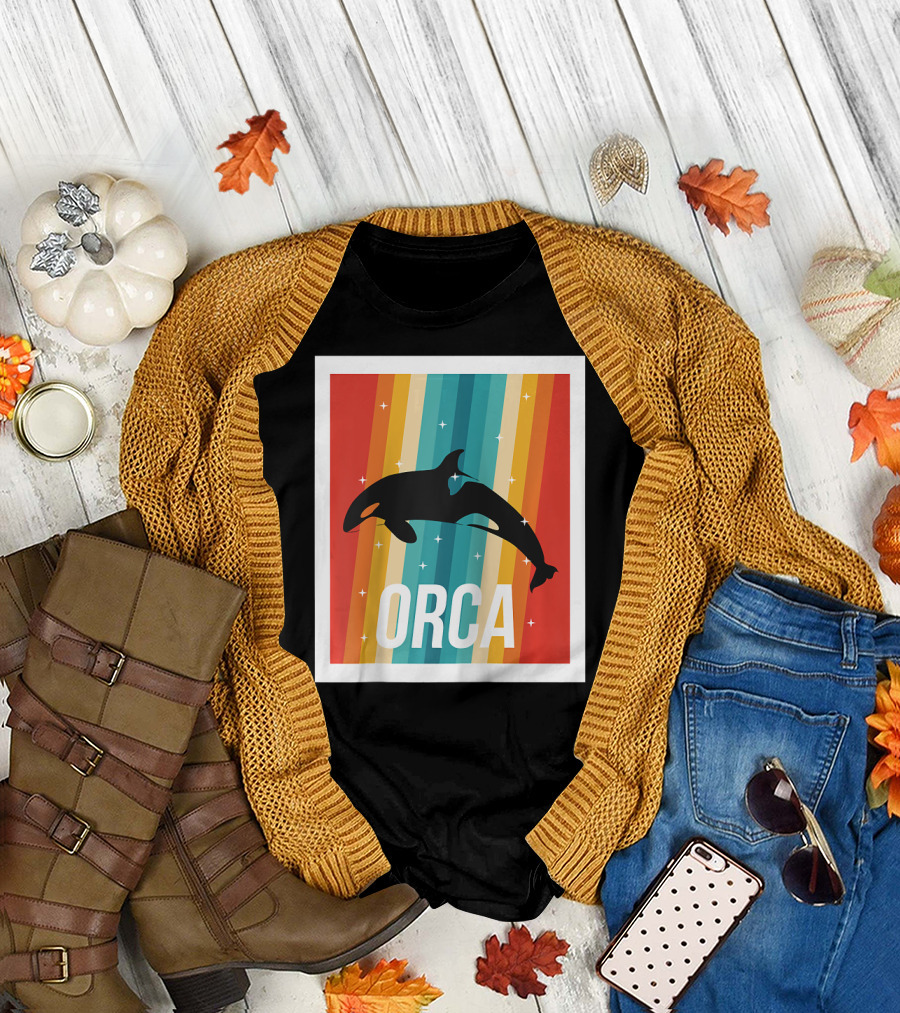 Orca Killer Whale Vintage Rainbow Stripe Raglan T-Shirt