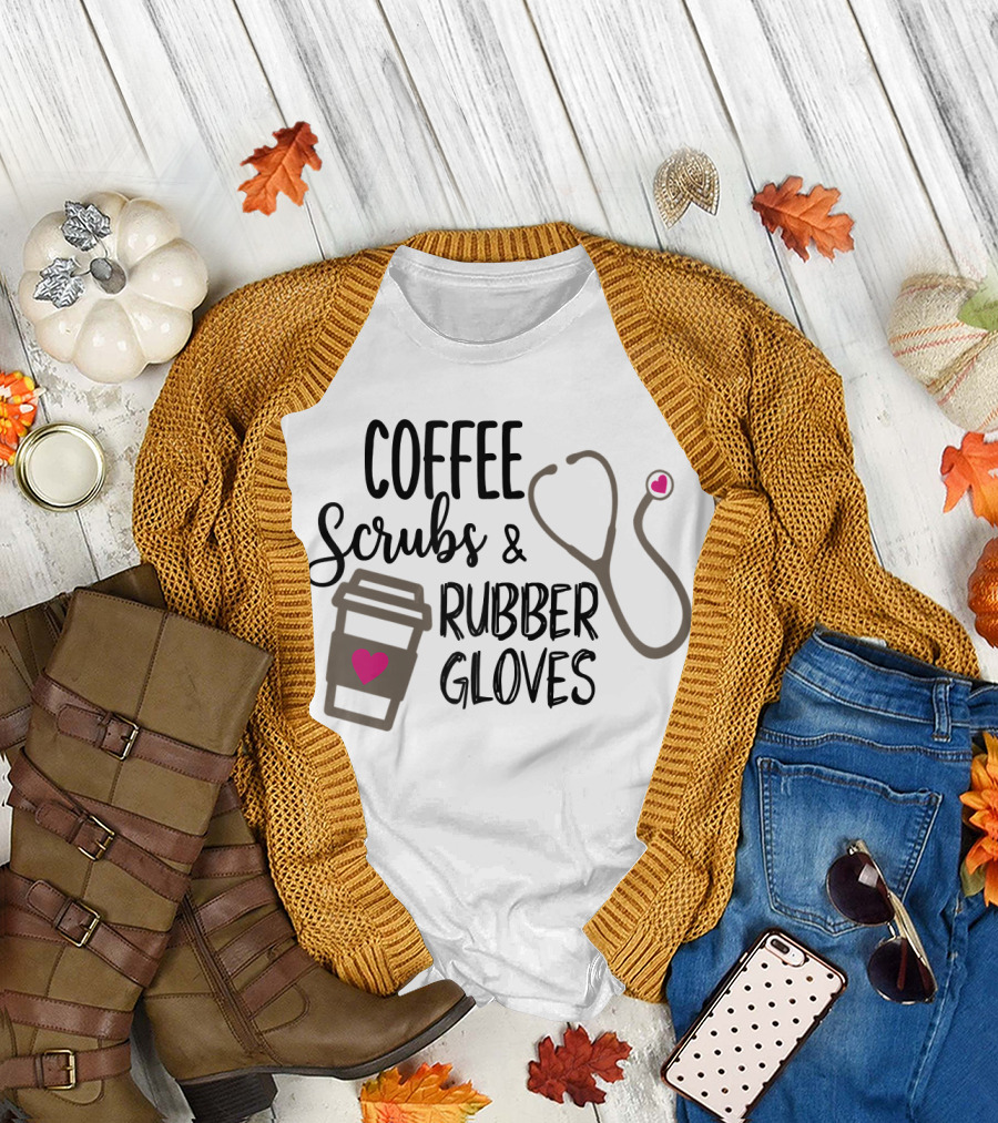 COFFEE SCRUBS AND RUBBER GLOVES WITH STETHOSCOPE AND HEARTS T-Shirt