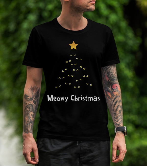 Meowy Christmas Cat Tree With Yellow Eyes And Star Topper T-Shirt