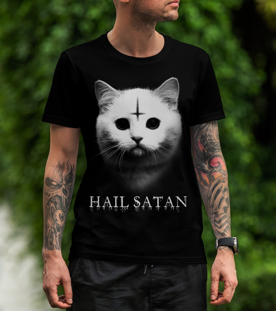 Hail Satan Cat With Inverted Cross T-Shirt