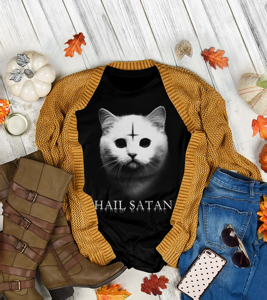Hail Satan Cat with Inverted Cross T-Shirt