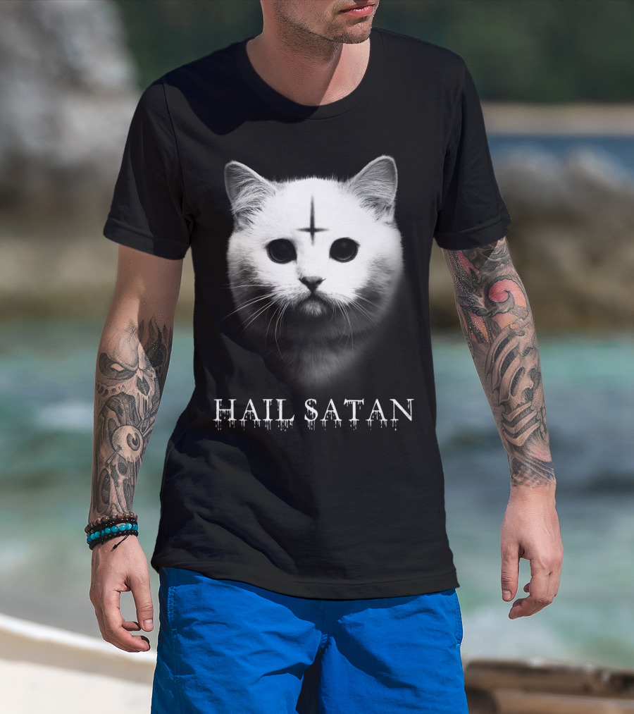 Hail Satan Cat With Inverted Cross T-Shirt