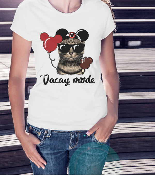 Vacay Mode Cat With Mouse Ears Hat, Balloons, Sunglasses, Ice Cream T-Shirt