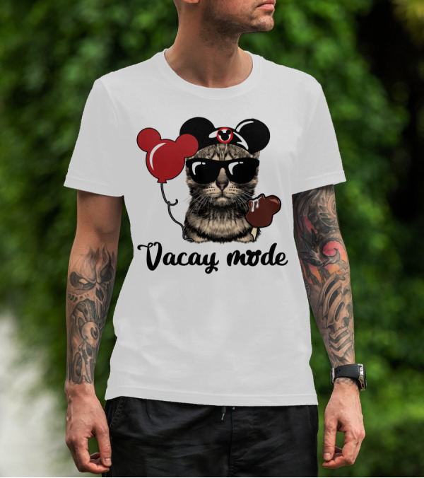 Vacay Mode Cat With Mouse Ears Hat, Balloons, Sunglasses, Ice Cream T-Shirt