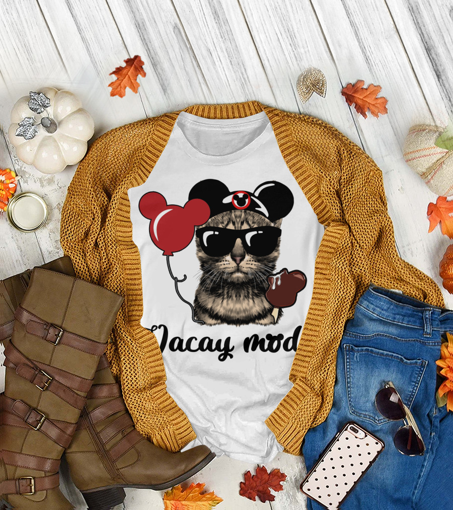 Vacay Mode Cat with Mouse Ears Hat, Balloons, Sunglasses, Ice Cream T-Shirt