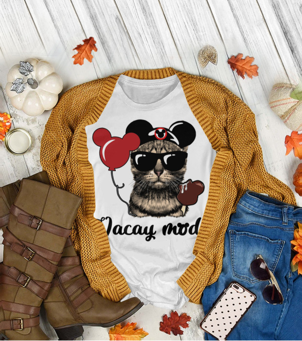 Vacay Mode Cat With Mouse Ears Hat, Balloons, Sunglasses, Ice Cream T-Shirt