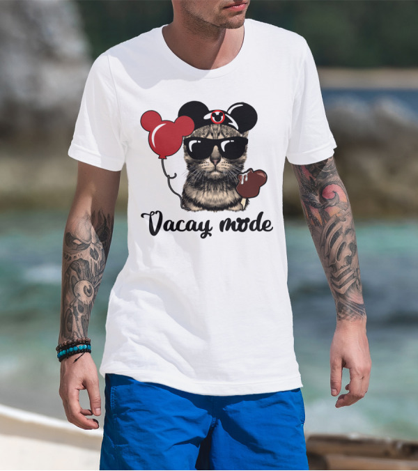 Vacay Mode Cat With Mouse Ears Hat, Balloons, Sunglasses, Ice Cream T-Shirt
