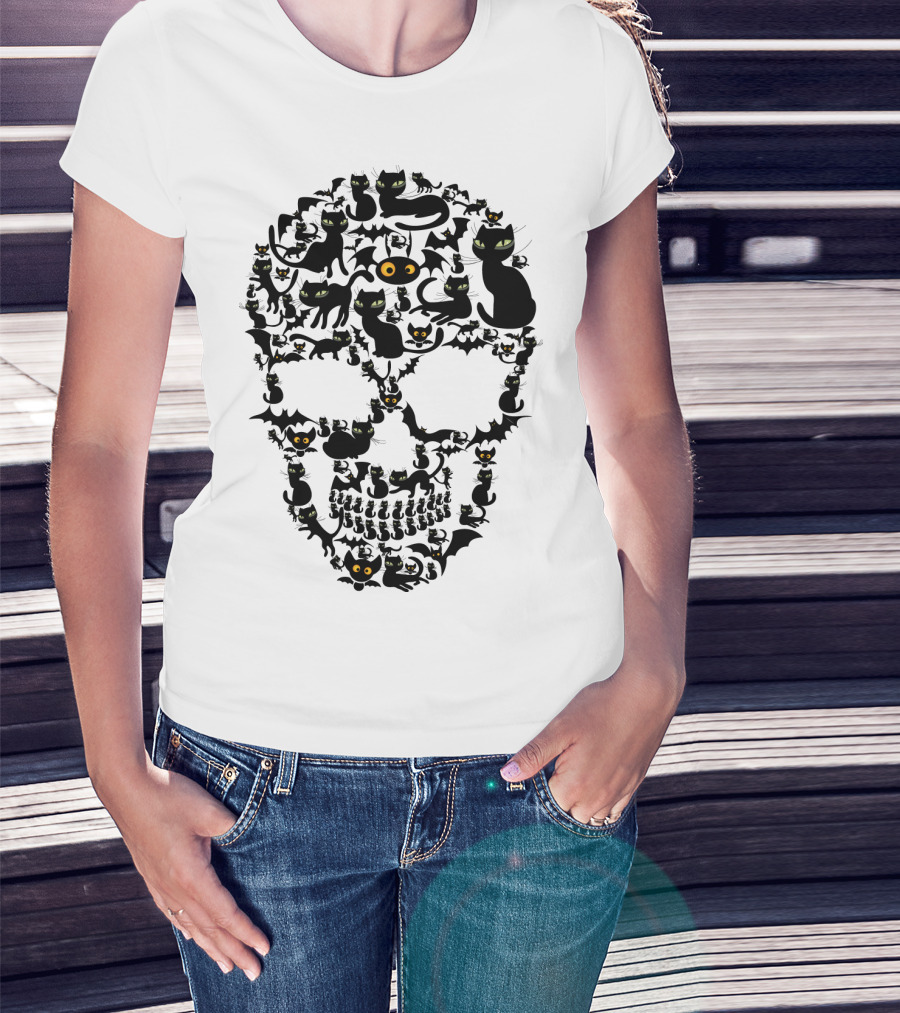 Cat Skull Halloween Black Cats And Bats T-Shirt