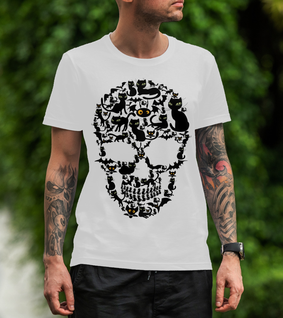 Cat Skull Halloween Black Cats And Bats T-Shirt