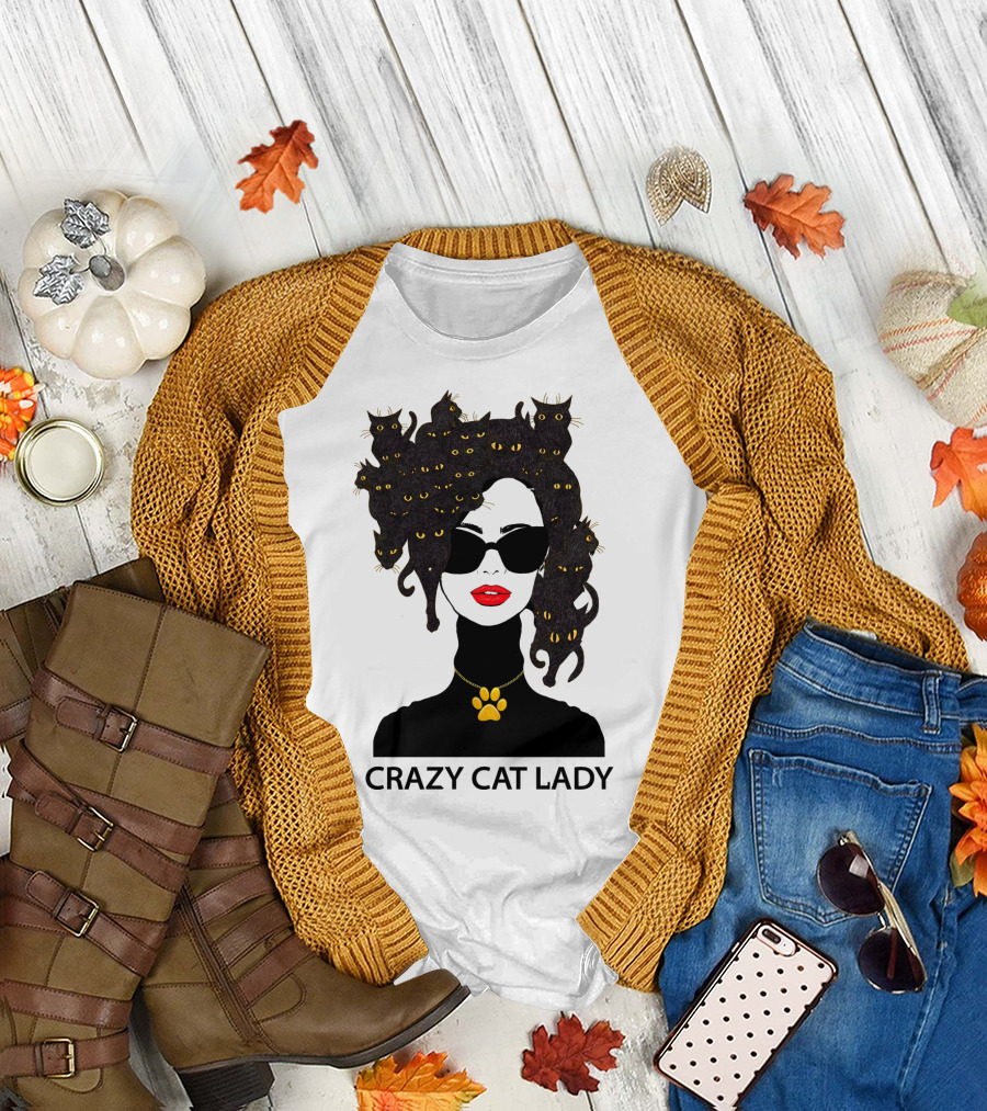 Crazy Cat Lady with Cat Hair and Sunglasses T-Shirt