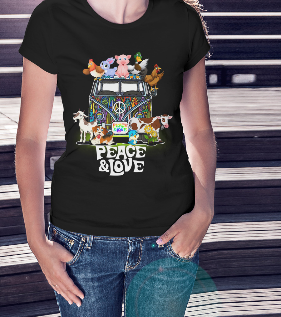 Peace And Love Farmer Animals Van With Peace Sign T-Shirt