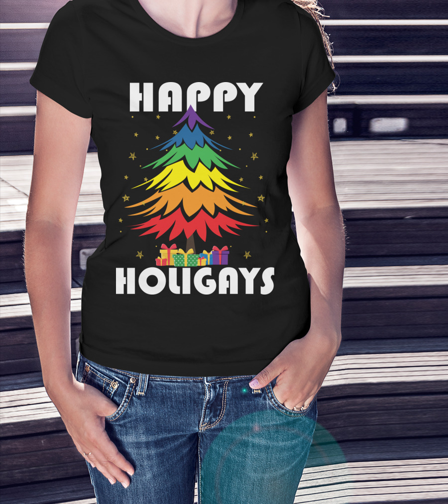 Happy Holigays Rainbow Christmas Tree And Presents T-Shirt