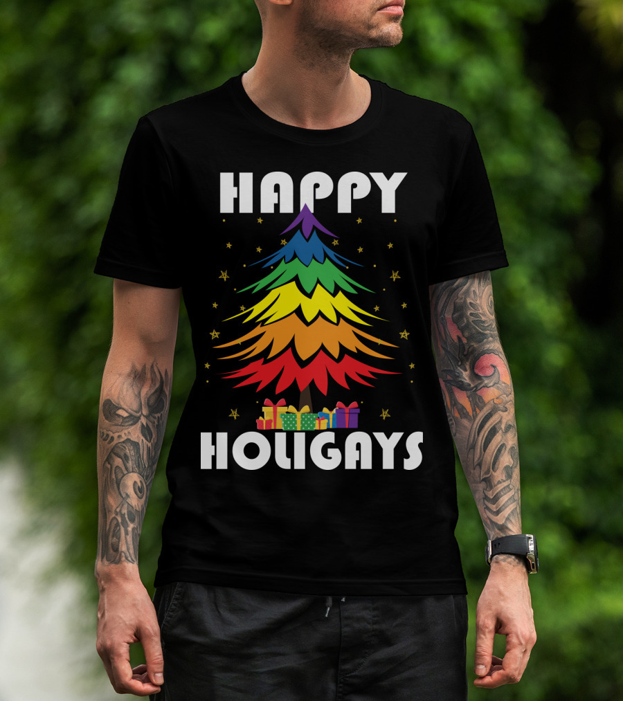 Happy Holigays Rainbow Christmas Tree And Presents T-Shirt
