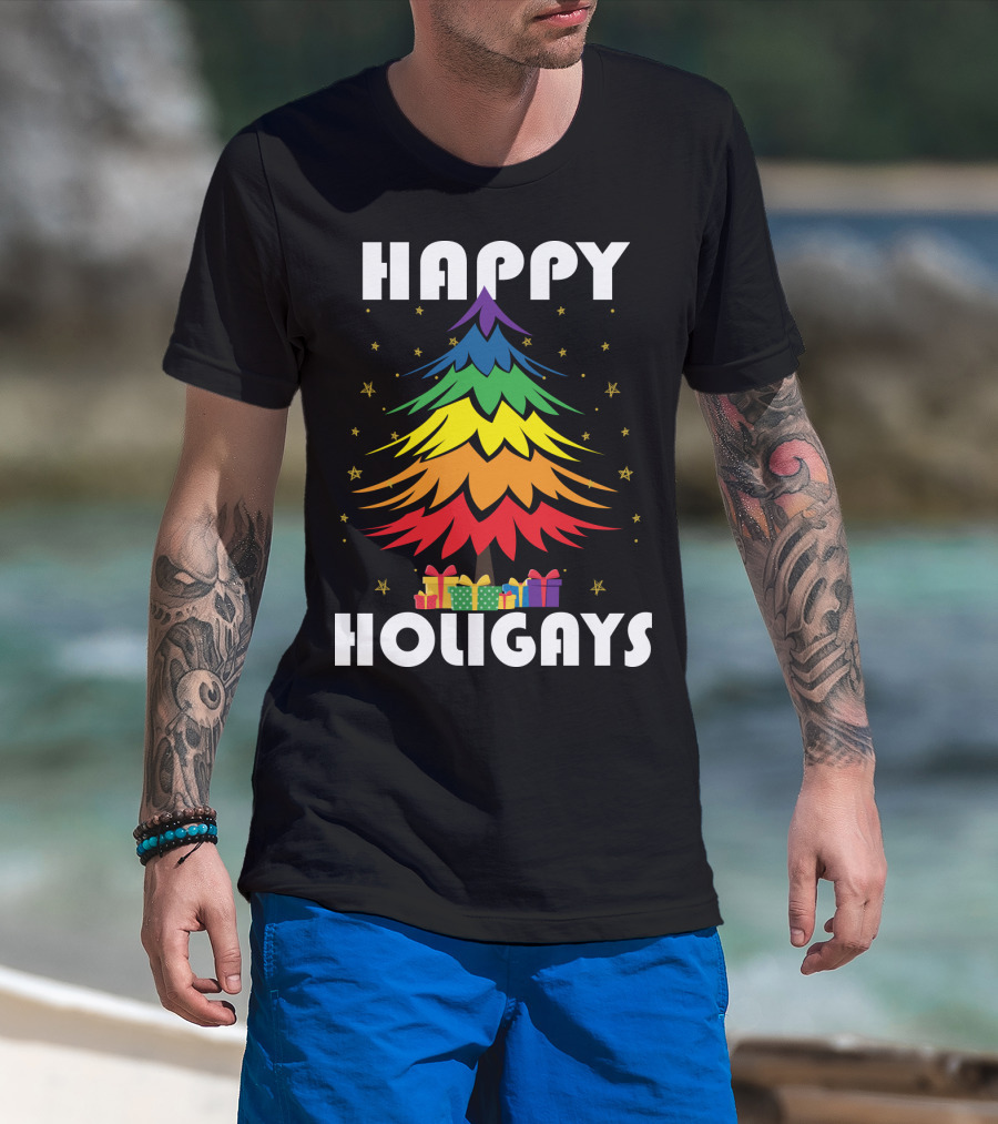 Happy Holigays Rainbow Christmas Tree And Presents T-Shirt