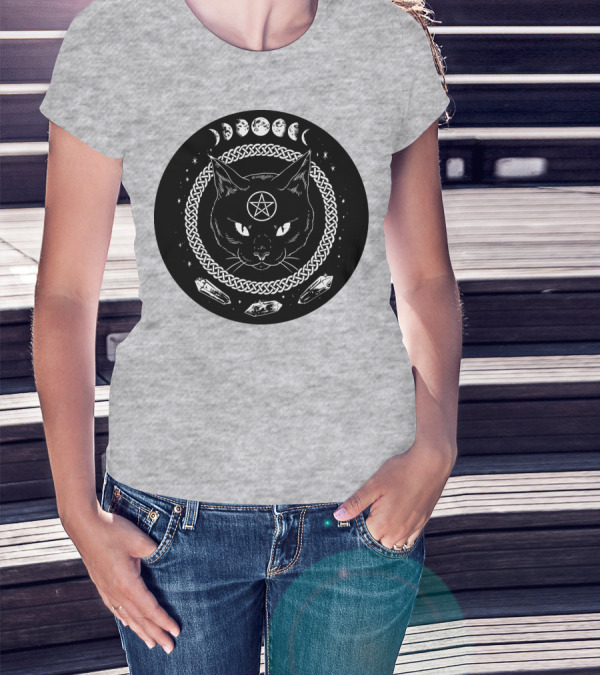 Cat Moon Magic Pentacle Phases Crystals Lunar Cycle T-Shirt