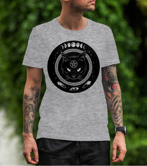 Cat Moon Magic Pentacle Phases Crystals Lunar Cycle T-Shirt