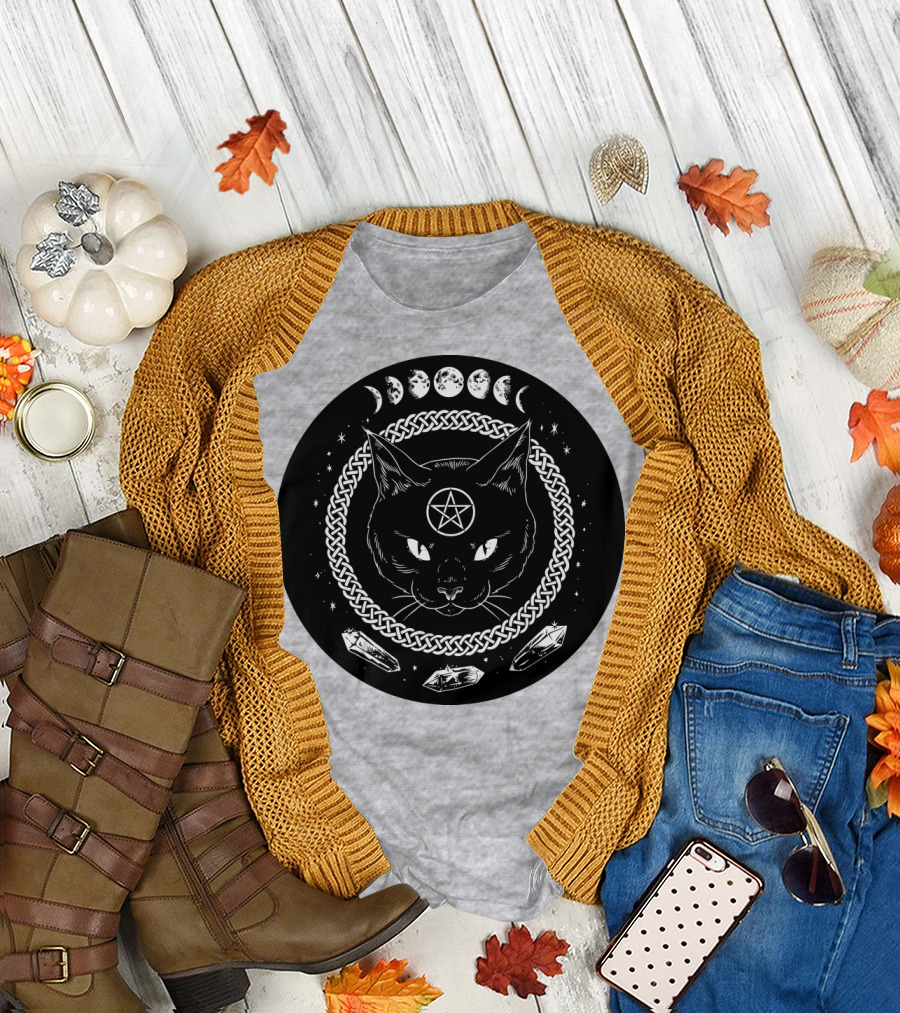 Cat Moon Magic Pentacle Phases Crystals Lunar Cycle T-Shirt