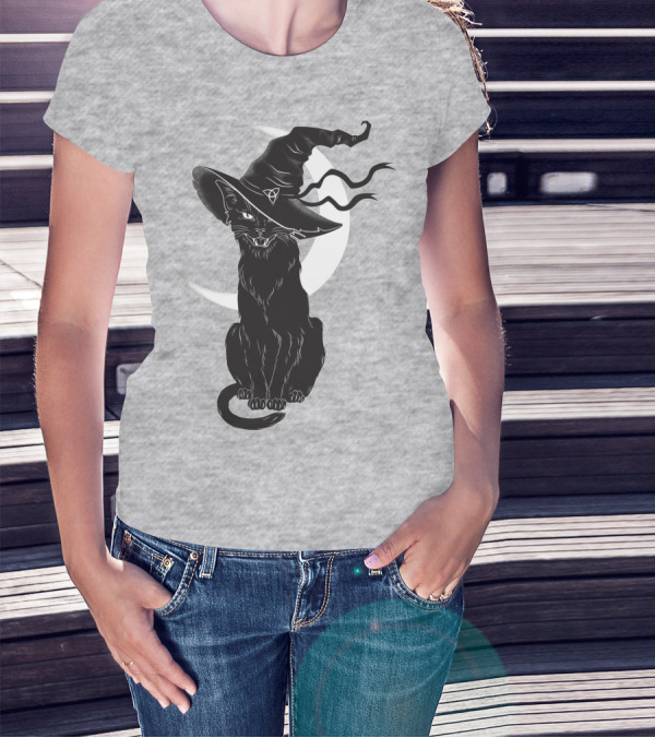 Cat Witch With Crescent Moon And Magic Hat T-Shirt