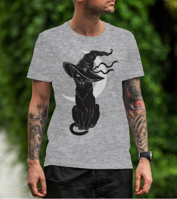 Cat Witch With Crescent Moon And Magic Hat T-Shirt