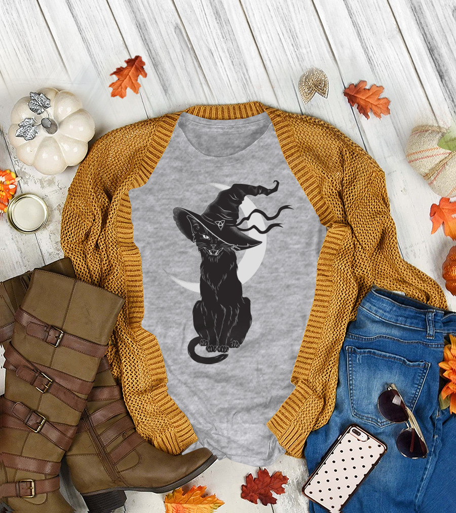 Cat Witch with Crescent Moon and Magic Hat T-Shirt