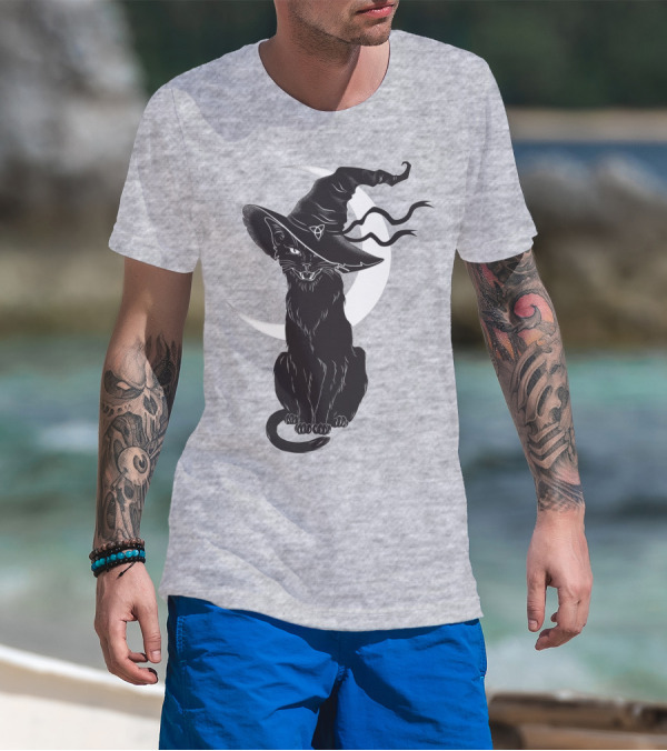 Cat Witch With Crescent Moon And Magic Hat T-Shirt