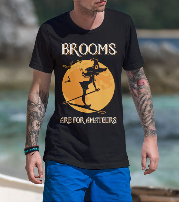 Brooms Are For Amateurs Witch Skiing Silhouette Halloween Moon T-Shirt