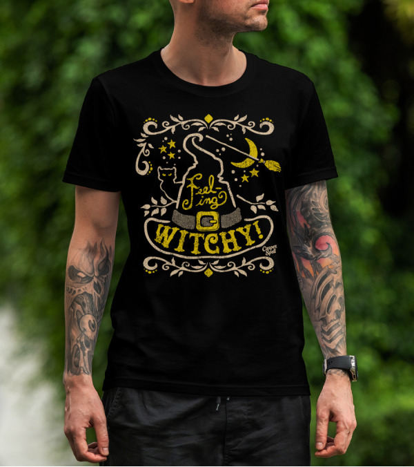 Feeling Witchy Casper Spell Moon Stars Cat Broomstick Hat T-Shirt