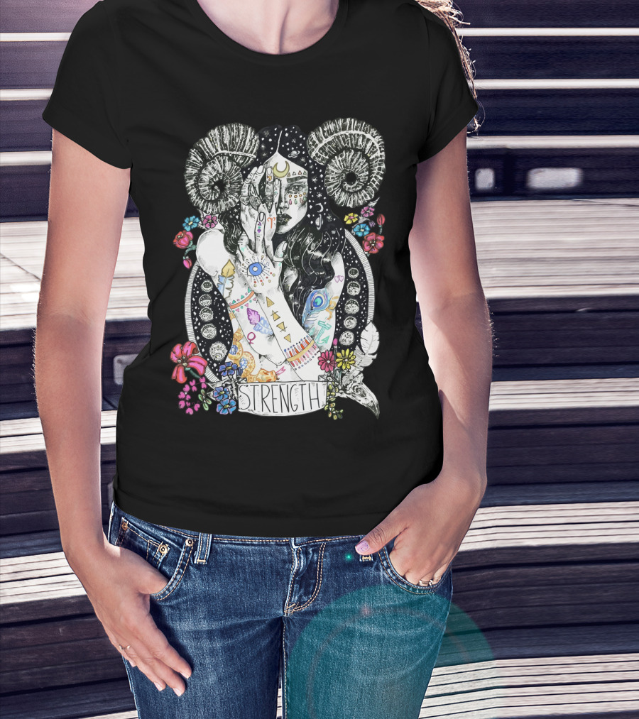 Strength Zodiac Goddess With Symbols And Flowers T-Shirt