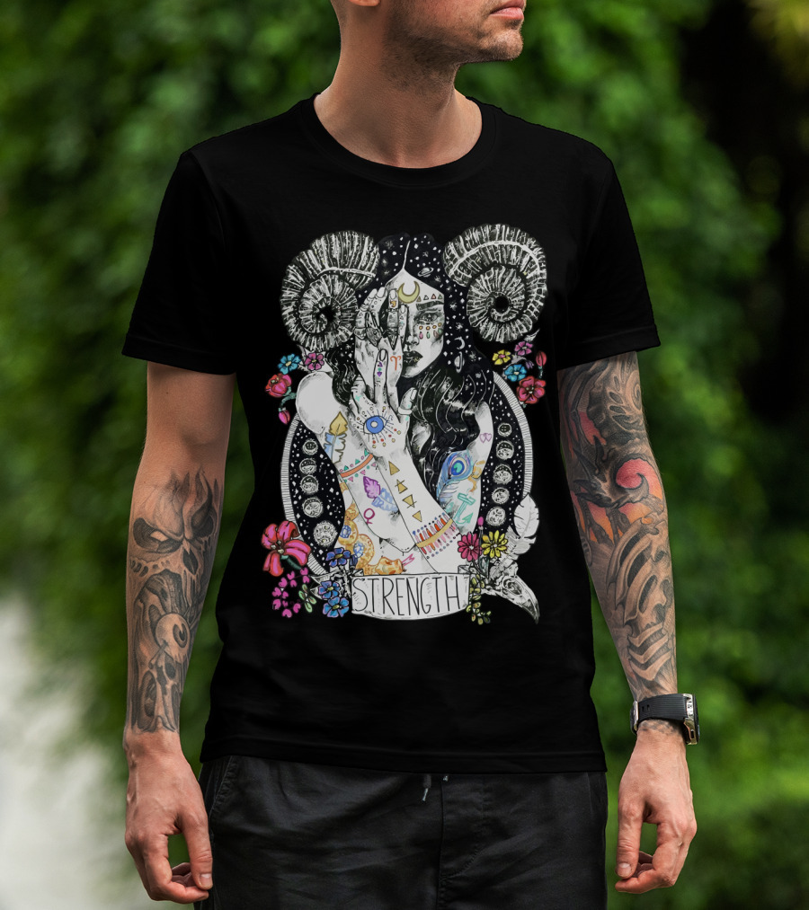Strength Zodiac Goddess With Symbols And Flowers T-Shirt