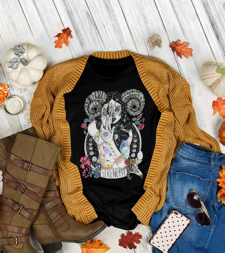 Strength Zodiac Goddess with Symbols and Flowers T-Shirt