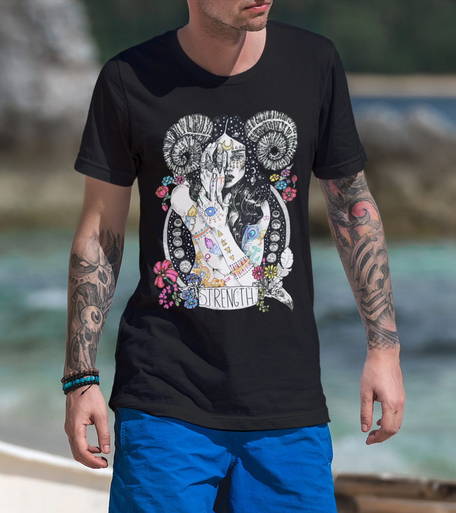Strength Zodiac Goddess With Symbols And Flowers T-Shirt