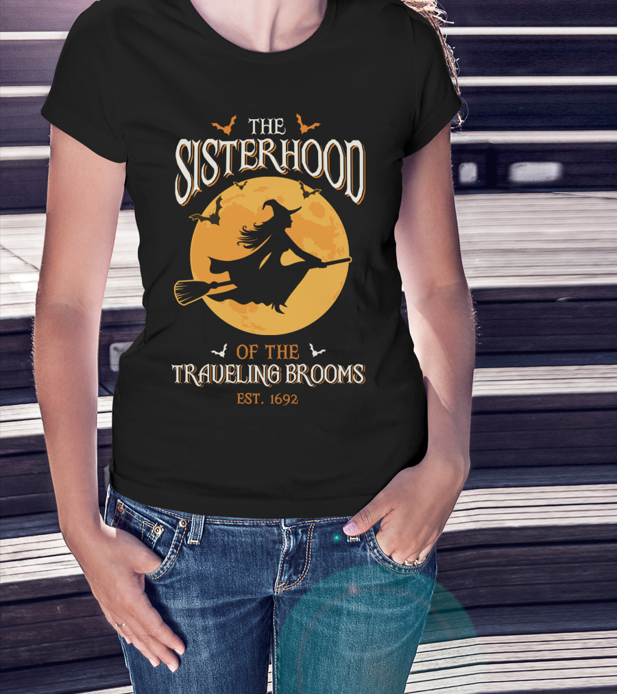 The Sisterhood Of The Traveling Brooms EST 1692 Halloween Witch And Full Moon T-Shirt